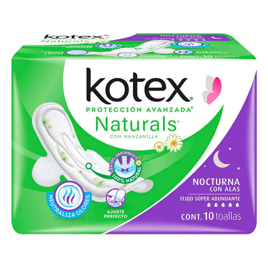 Toalla Femenina Kotex Nocturna Con Alas Manzanilla 10 Piezas
