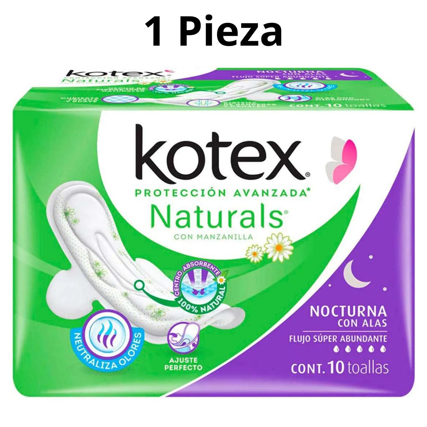 Toalla Femenina Kotex Nocturna Con Alas Manzanilla Pieza