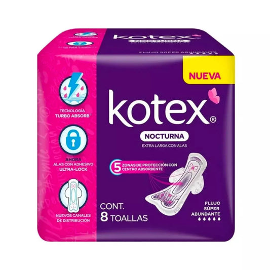 Toallas femeninas Nocturna Kotex Extra Largas C/A Flujo súper abundante 8 piezas Paquete