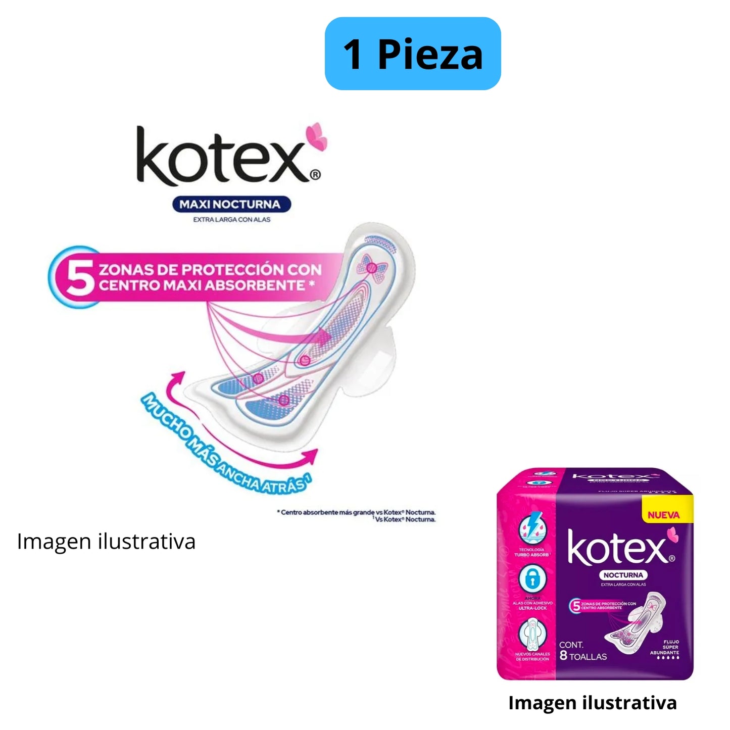 Toallas femeninas Nocturna Kotex Extra Largas C/A Flujo súper abundante Pieza